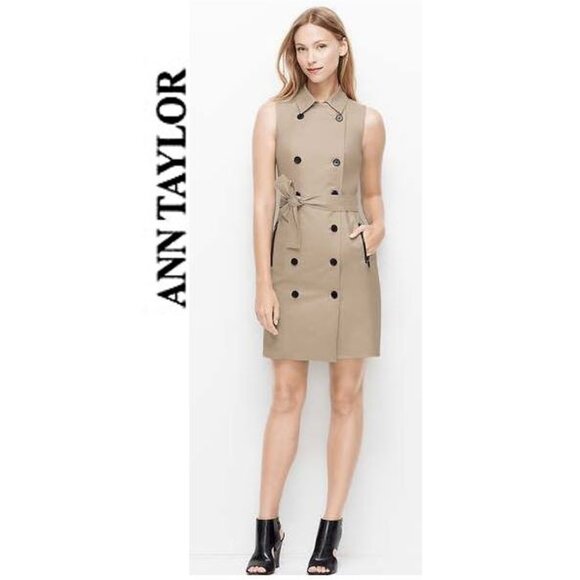 NWOT!! ANN TAYLOR, Sleeveless tan cotton button down utility dress with tie belt - Picture 2 of 15